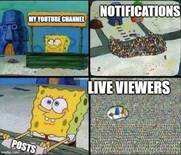 YouTube be like: | NOTIFICATIONS; MY YOUTUBE CHANNEL; LIVE VIEWERS; POSTS | image tagged in spongebob hype stand | made w/ Imgflip meme maker