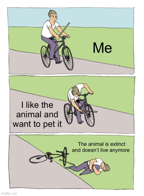 Bike Fall | Me; I like the animal and want to pet it; The animal is extinct and doesn’t live anymore | image tagged in memes,bike fall | made w/ Imgflip meme maker