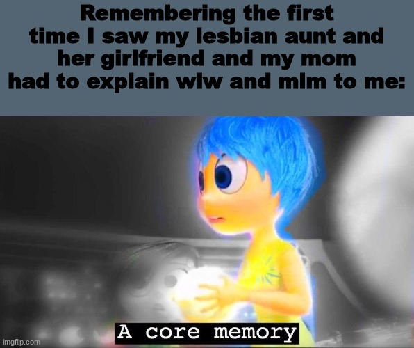 i was 4 lmao | Remembering the first time I saw my lesbian aunt and her girlfriend and my mom had to explain wlw and mlm to me: | image tagged in a core memory | made w/ Imgflip meme maker