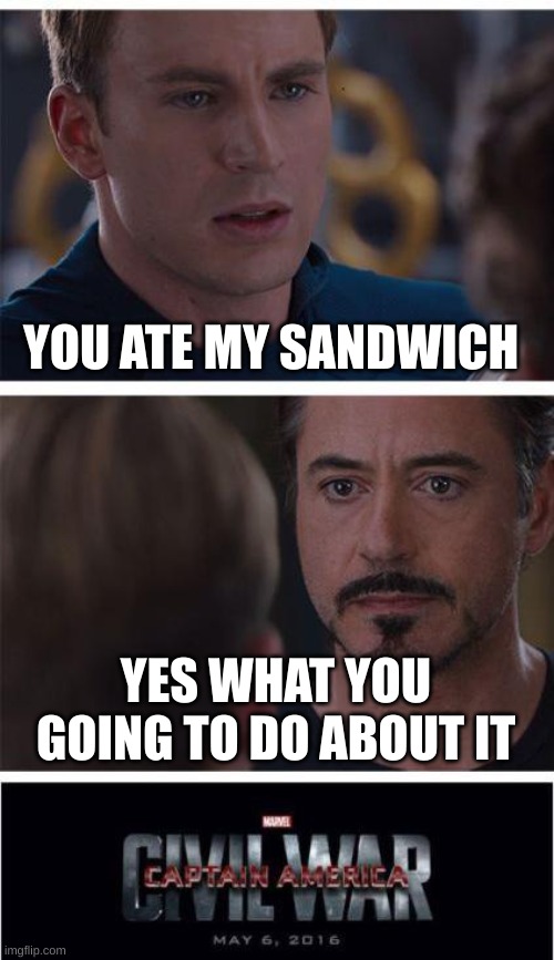 Sandwich wars | YOU ATE MY SANDWICH; YES WHAT YOU GOING TO DO ABOUT IT | image tagged in memes,marvel civil war 1 | made w/ Imgflip meme maker