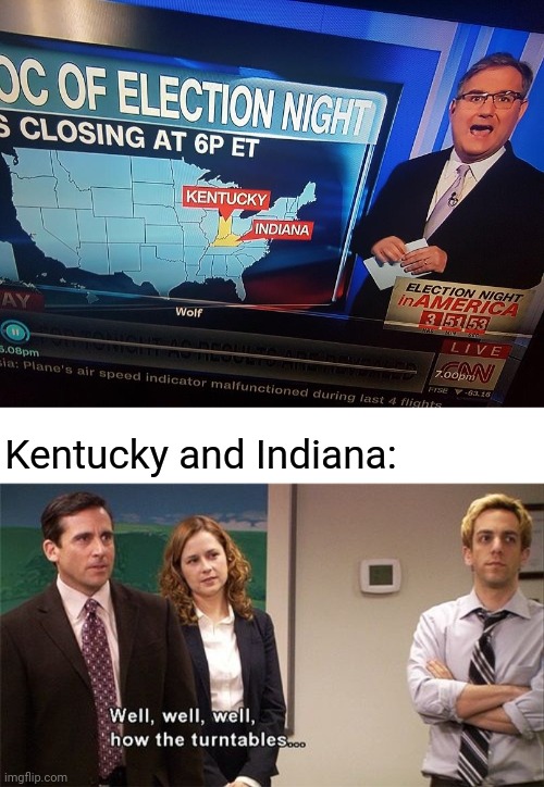 States, Kentucky and Indiana switched places | Kentucky and Indiana: | image tagged in how the turntables,you had one job,memes,united states,kentucky,indiana | made w/ Imgflip meme maker