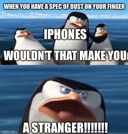 Image title | WHEN YOU HAVE A SPEC OF DUST ON YOUR FINGER; IPHONES; WOULDN'T THAT MAKE YOU; A STRANGER!!!!!!! | image tagged in wouldn't that make you | made w/ Imgflip meme maker