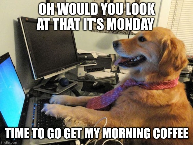Monday Morning be like: | OH WOULD YOU LOOK AT THAT IT'S MONDAY; TIME TO GO GET MY MORNING COFFEE | image tagged in monday mornings,coffee | made w/ Imgflip meme maker