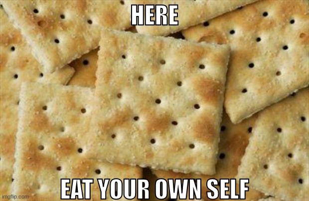 crackers  :) | HERE; EAT YOUR OWN SELF | image tagged in crackers | made w/ Imgflip meme maker