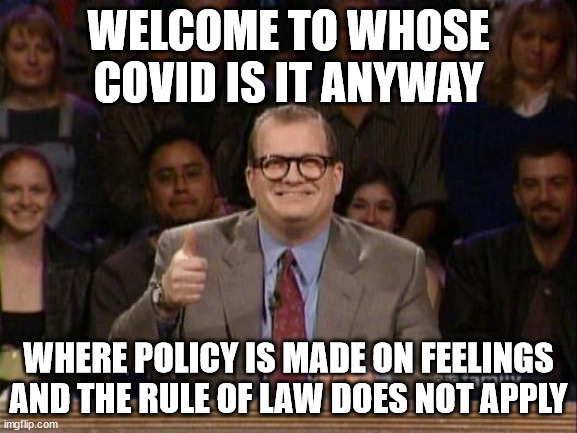 Drew Carey  | WELCOME TO WHOSE COVID IS IT ANYWAY; WHERE POLICY IS MADE ON FEELINGS AND THE RULE OF LAW DOES NOT APPLY | image tagged in drew carey | made w/ Imgflip meme maker