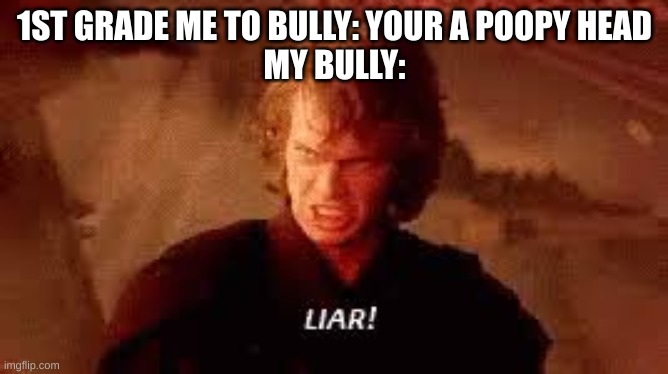 Anakin Liar | 1ST GRADE ME TO BULLY: YOUR A POOPY HEAD
MY BULLY: | image tagged in anakin liar | made w/ Imgflip meme maker
