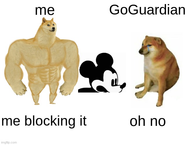 Buff Doge vs. Cheems | me; GoGuardian; me blocking it; oh no | image tagged in memes,buff doge vs cheems,goguardian,hahahahahahahahahahahahaha | made w/ Imgflip meme maker