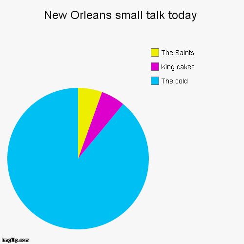 New Orleans small talk today | The cold, King cakes, The Saints | image tagged in funny,pie charts | made w/ Imgflip chart maker