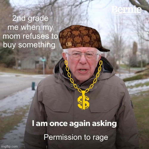 This happens to most of us | 2nd grade me when my mom refuses to buy something; Permission to rage | image tagged in memes,bernie i am once again asking for your support | made w/ Imgflip meme maker