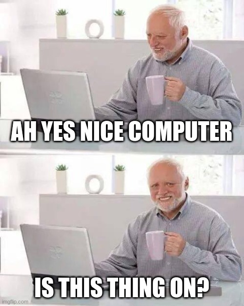 anti meme | AH YES NICE COMPUTER; IS THIS THING ON? | image tagged in memes,hide the pain harold,fun | made w/ Imgflip meme maker