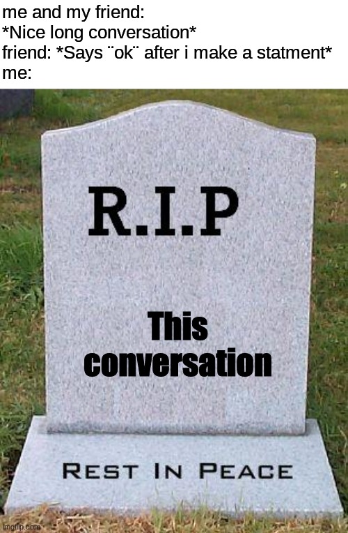 there is no faster way to end a conversation than to say ¨ok¨ like that | me and my friend: *Nice long conversation*
friend: *Says ¨ok¨ after i make a statment*
me:; This conversation | image tagged in rip headstone,ok,conversation | made w/ Imgflip meme maker
