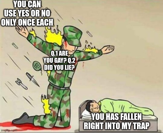 Soldier protecting sleeping child | YOU CAN USE YES OR NO ONLY ONCE EACH; Q.1 ARE YOU GAY? Q.2 DID YOU LIE? YOU HAS FALLEN RIGHT INTO MY TRAP | image tagged in soldier protecting sleeping child | made w/ Imgflip meme maker