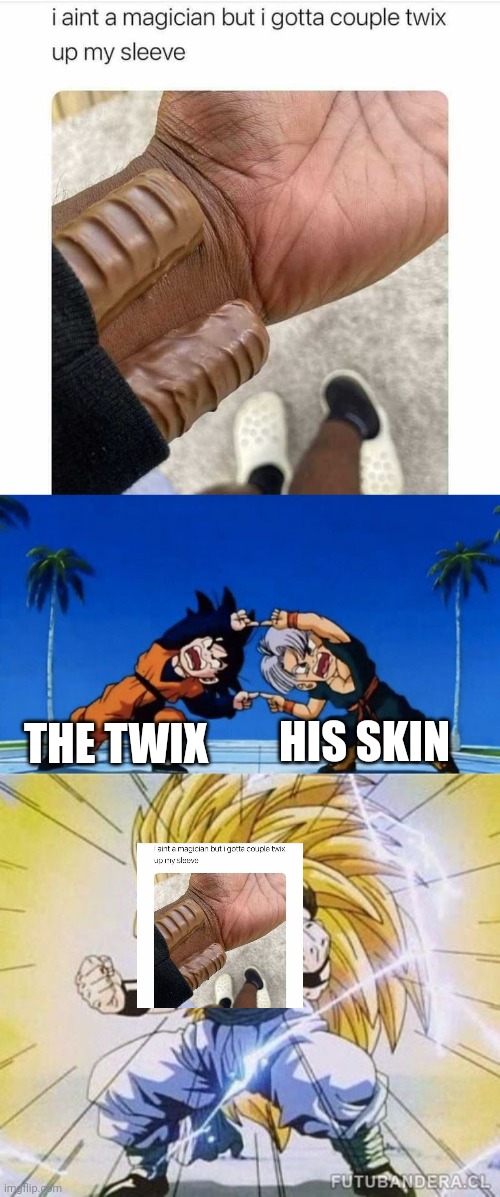 THE TWIX; HIS SKIN | image tagged in dbz fusion,wow you are actually reading these tags,while you are here,check out my streams,i have 2 so far | made w/ Imgflip meme maker