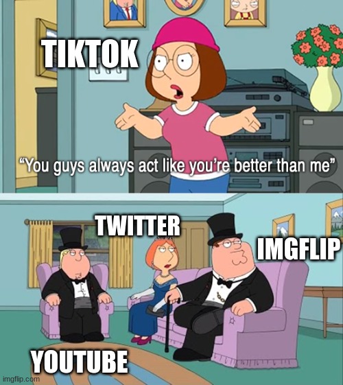 Very true | TIKTOK; TWITTER; IMGFLIP; YOUTUBE | image tagged in why do you guys think your so much better than me | made w/ Imgflip meme maker