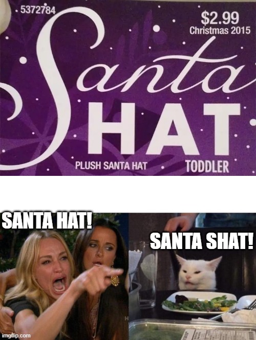 SANTA HAT! SANTA SHAT! | image tagged in memes,woman yelling at cat | made w/ Imgflip meme maker