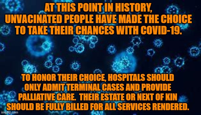 Their Body.  Their Choice.  Their Outcome.  Their Bill. | AT THIS POINT IN HISTORY, UNVACINATED PEOPLE HAVE MADE THE CHOICE TO TAKE THEIR CHANCES WITH COVID-19. TO HONOR THEIR CHOICE, HOSPITALS SHOULD ONLY ADMIT TERMINAL CASES AND PROVIDE PALLIATIVE CARE.  THEIR ESTATE OR NEXT OF KIN SHOULD BE FULLY BILLED FOR ALL SERVICES RENDERED. | image tagged in politics | made w/ Imgflip meme maker