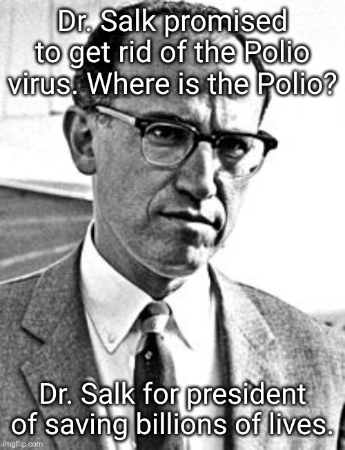 Dr. Salk is a hero. | Dr. Salk promised to get rid of the Polio virus. Where is the Polio? Dr. Salk for president of saving billions of lives. | image tagged in jonas salk | made w/ Imgflip meme maker