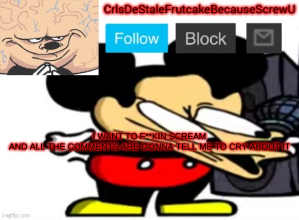 cfejdfbhkdfhbvdfs | I WANT TO F**KIN SCREAM
AND ALL THE COMMENTS ARE GONNA TELL ME TO CRY ABOUT IT | made w/ Imgflip meme maker