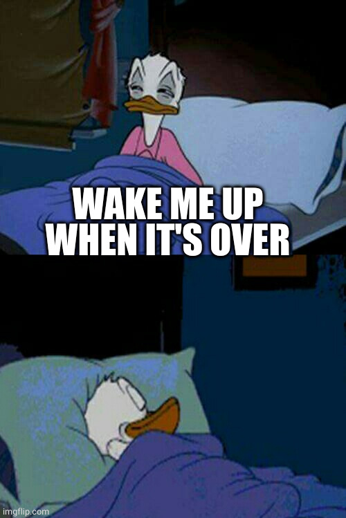 sleepy donald duck in bed | WAKE ME UP WHEN IT'S OVER | image tagged in sleepy donald duck in bed | made w/ Imgflip meme maker