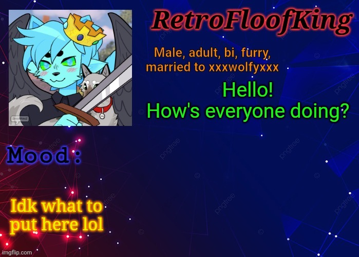 Good afternoon fellow furs! | Hello!
How's everyone doing? Idk what to put here lol | image tagged in retrofloofking official announcement template | made w/ Imgflip meme maker