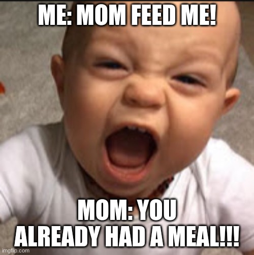 Feed Me, Momma! | ME: MOM FEED ME! MOM: YOU ALREADY HAD A MEAL!!! | image tagged in hungry baby | made w/ Imgflip meme maker
