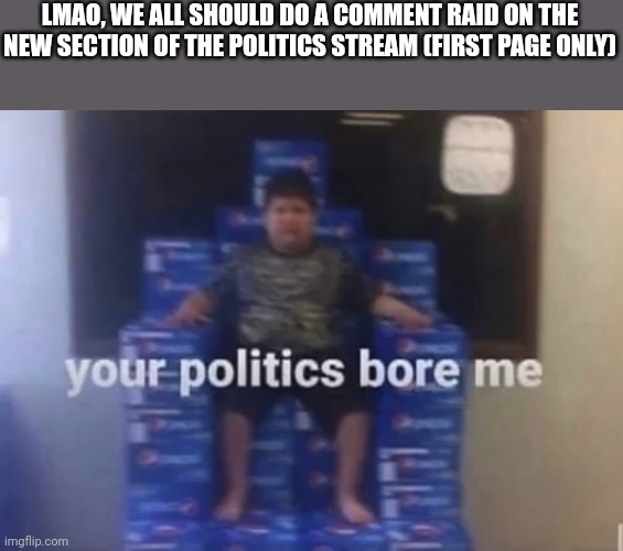 With this temp | LMAO, WE ALL SHOULD DO A COMMENT RAID ON THE NEW SECTION OF THE POLITICS STREAM (FIRST PAGE ONLY) | image tagged in your politics bore me | made w/ Imgflip meme maker