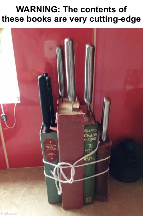 Knife Block | WARNING: The contents of these books are very cutting-edge | image tagged in funny memes,eyeroll,bad puns | made w/ Imgflip meme maker