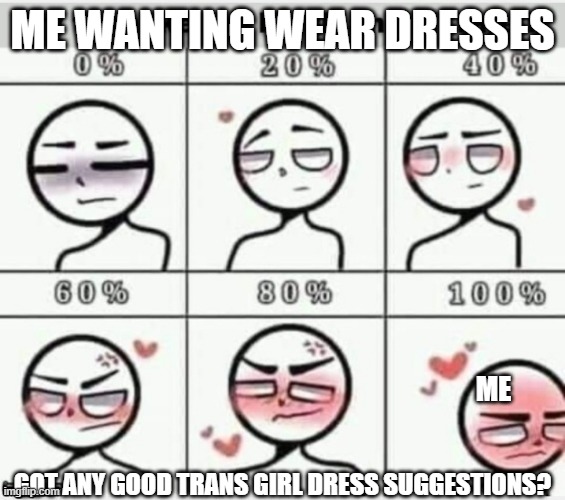a little bit of help |  ME WANTING WEAR DRESSES; ME; GOT ANY GOOD TRANS GIRL DRESS SUGGESTIONS? | image tagged in make me blush | made w/ Imgflip meme maker
