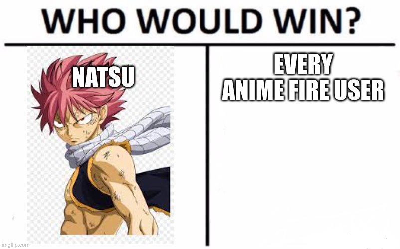 Natsu v fire users | NATSU; EVERY ANIME FIRE USER | image tagged in memes,who would win,natsu,anime meme,fire | made w/ Imgflip meme maker