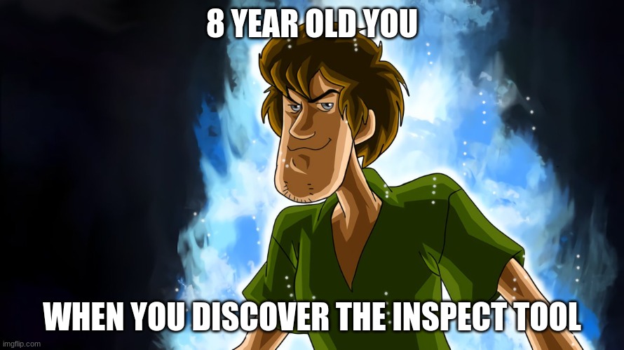 inspect tool | 8 YEAR OLD YOU; WHEN YOU DISCOVER THE INSPECT TOOL | image tagged in ultra instinct shaggy | made w/ Imgflip meme maker