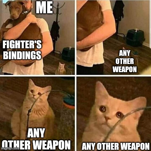 FBs are my favorite | ME; FIGHTER'S BINDINGS; ANY OTHER WEAPON; ANY OTHER WEAPON; ANY OTHER WEAPON | image tagged in sad cat holding dog | made w/ Imgflip meme maker