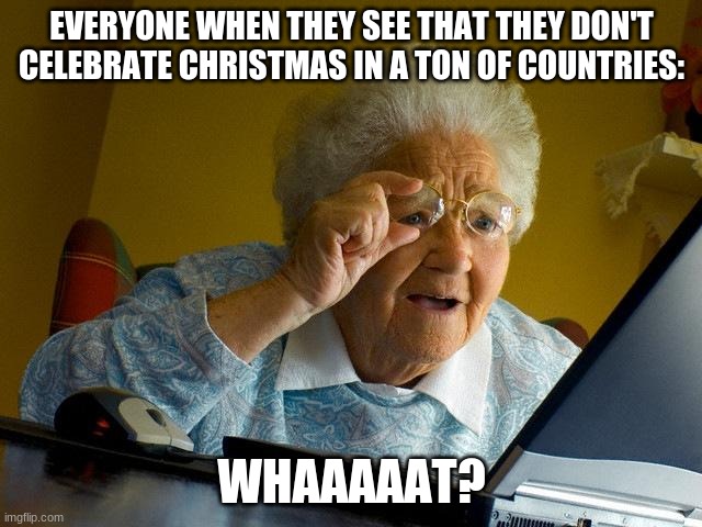 IDK | EVERYONE WHEN THEY SEE THAT THEY DON'T CELEBRATE CHRISTMAS IN A TON OF COUNTRIES:; WHAAAAAT? | image tagged in memes,grandma finds the internet,christmas | made w/ Imgflip meme maker