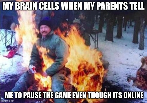 FIRE |  MY BRAIN CELLS WHEN MY PARENTS TELL; ME TO PAUSE THE GAME EVEN THOUGH ITS ONLINE | image tagged in memes,ligaf | made w/ Imgflip meme maker