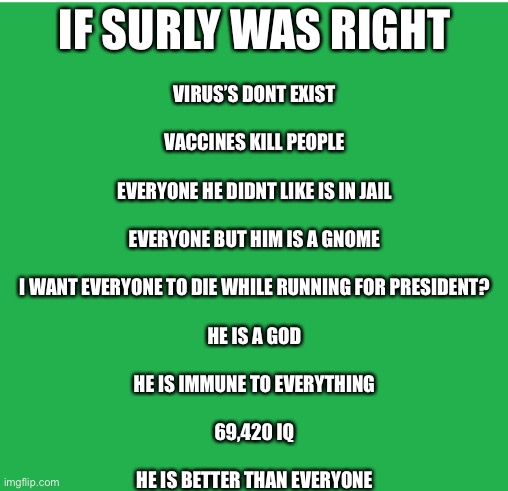 Green Screen | IF SURLY WAS RIGHT; VIRUS’S DONT EXIST
 
VACCINES KILL PEOPLE
 
EVERYONE HE DIDNT LIKE IS IN JAIL
 
EVERYONE BUT HIM IS A GNOME
 
I WANT EVERYONE TO DIE WHILE RUNNING FOR PRESIDENT?
 
HE IS A GOD
 
HE IS IMMUNE TO EVERYTHING
 
69,420 IQ
 
HE IS BETTER THAN EVERYONE | image tagged in green screen | made w/ Imgflip meme maker