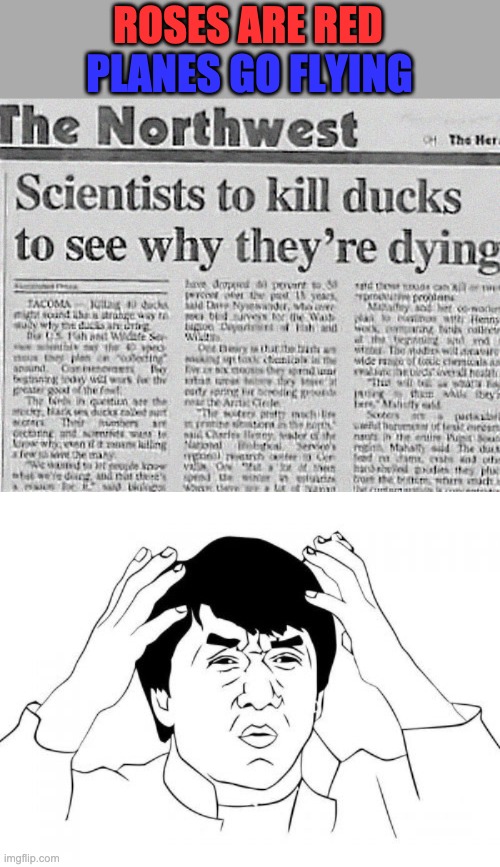 21st century science everyone |  ROSES ARE RED; PLANES GO FLYING | image tagged in memes,jackie chan wtf,news,wtf,roses are red | made w/ Imgflip meme maker