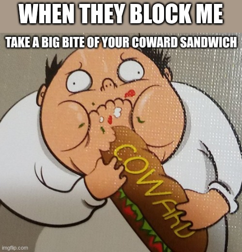 idk | WHEN THEY BLOCK ME | image tagged in take a big bite of your coward sandwich,blocked | made w/ Imgflip meme maker