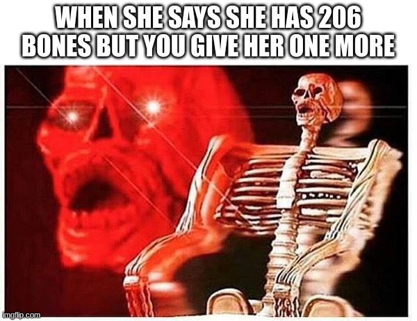 red skeleton |  WHEN SHE SAYS SHE HAS 206 BONES BUT YOU GIVE HER ONE MORE | image tagged in red skeleton | made w/ Imgflip meme maker