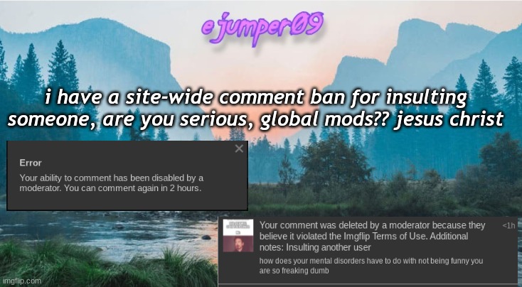 officially lost hope for humanity | i have a site-wide comment ban for insulting someone, are you serious, global mods?? jesus christ | image tagged in - ejumper09 - template | made w/ Imgflip meme maker