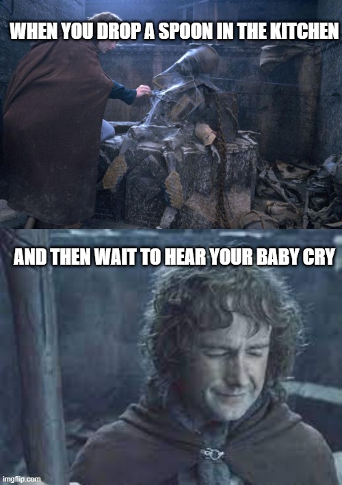 waiting for baby's cry | WHEN YOU DROP A SPOON IN THE KITCHEN; AND THEN WAIT TO HEAR YOUR BABY CRY | image tagged in lotr,parenting | made w/ Imgflip meme maker
