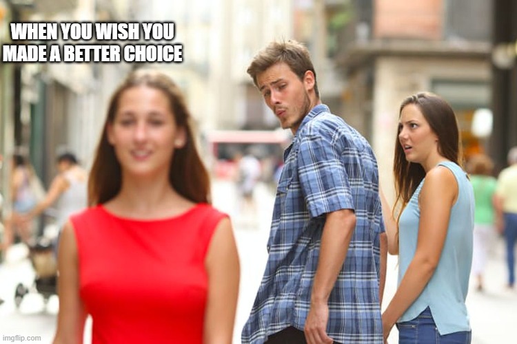 Distracted Boyfriend | WHEN YOU WISH YOU MADE A BETTER CHOICE | image tagged in memes,distracted boyfriend | made w/ Imgflip meme maker