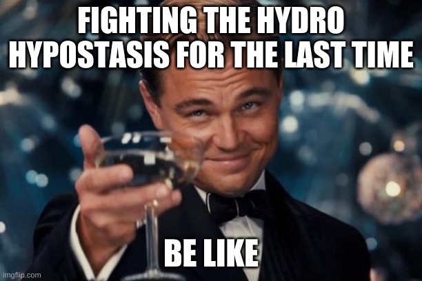 Leonardo Dicaprio Cheers |  FIGHTING THE HYDRO HYPOSTASIS FOR THE LAST TIME; BE LIKE | image tagged in memes,leonardo dicaprio cheers | made w/ Imgflip meme maker