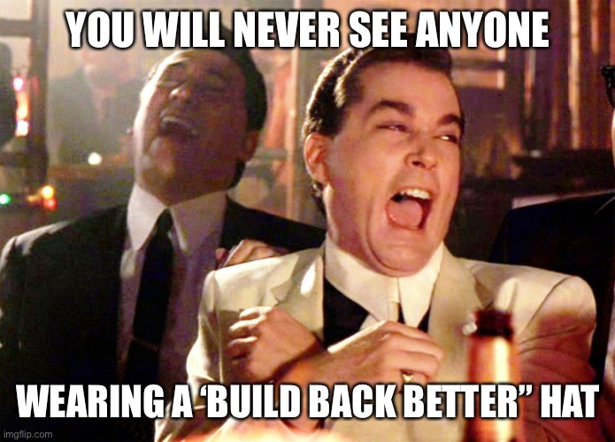 Good Fellas Hilarious | YOU WILL NEVER SEE ANYONE; WEARING A ‘BUILD BACK BETTER” HAT | image tagged in memes,good fellas hilarious | made w/ Imgflip meme maker