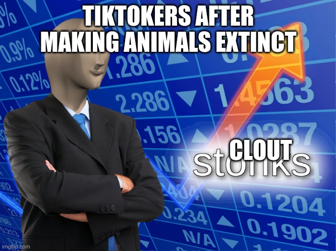 stonks | TIKTOKERS AFTER MAKING ANIMALS EXTINCT; CLOUT | image tagged in stonks | made w/ Imgflip meme maker