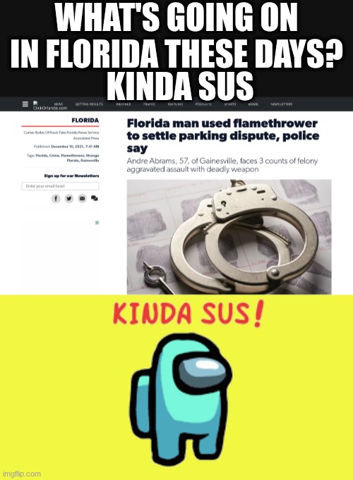 never mind, i'm not going to florida this year | WHAT'S GOING ON IN FLORIDA THESE DAYS? KINDA SUS | image tagged in sus,among us,florida man | made w/ Imgflip meme maker