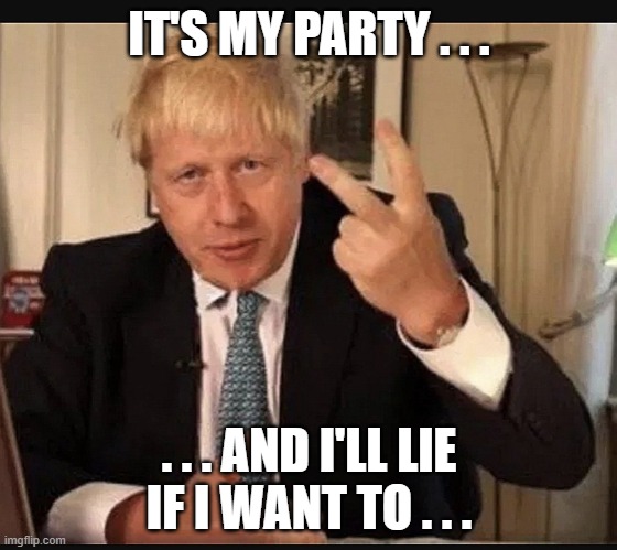 Boris Johnson | IT'S MY PARTY . . . . . . AND I'LL LIE
IF I WANT TO . . . | image tagged in boris johnson | made w/ Imgflip meme maker