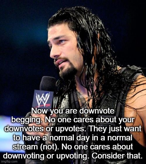 roman reigns | Now you are downvote begging. No one cares about your downvotes or upvotes. They just want to have a normal day in a normal stream (not). No | image tagged in roman reigns | made w/ Imgflip meme maker