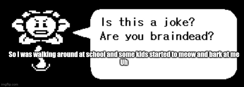 Flowey is this a joke | So I was walking around at school and some kids started to meow and bark at me
Uh | image tagged in flowey is this a joke | made w/ Imgflip meme maker