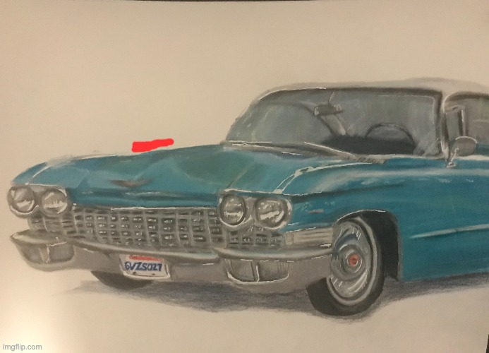 10h drawing of 1960s Cadillac I drew with colored pencils (had to cover up my name) | image tagged in drawing,drawings,car,1960s | made w/ Imgflip meme maker