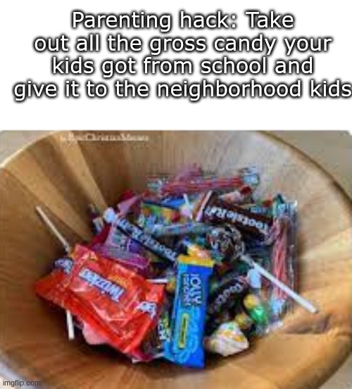 This would be a Snow_Spire problem lol | Parenting hack: Take out all the gross candy your kids got from school and give it to the neighborhood kids | image tagged in parenting | made w/ Imgflip meme maker