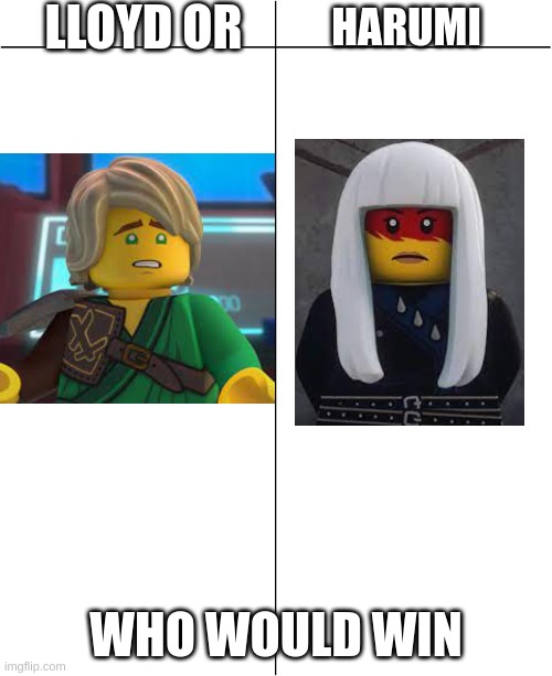 Who would Win? One Green Boi or an evil Princess | LLOYD OR; HARUMI; WHO WOULD WIN | image tagged in ninjago,who would win | made w/ Imgflip meme maker